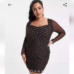 ASOS Design Curve Long Sleeve Mesh Ruched Black Cherry Print Mini Dress 14
